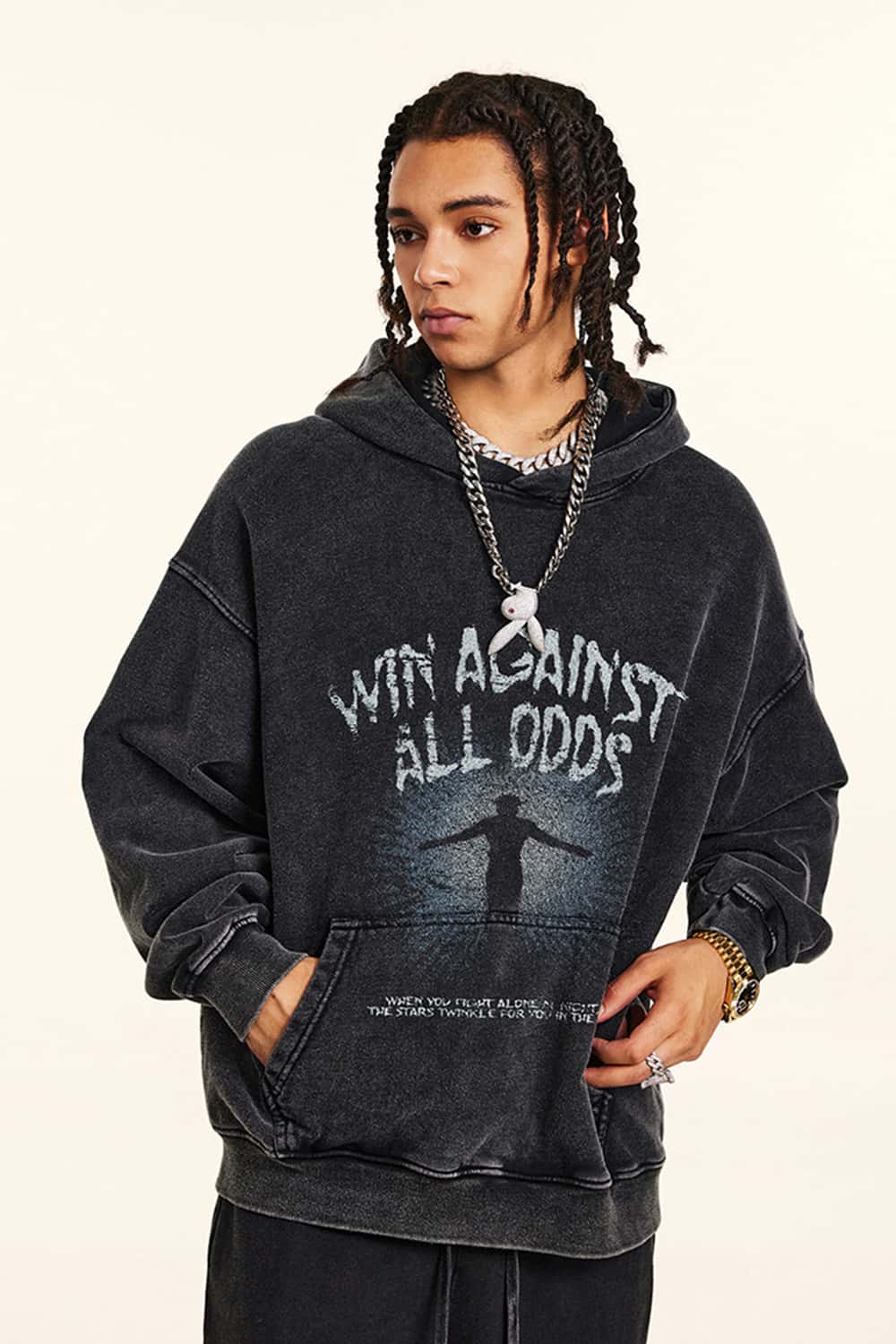 Fleece-Lined Thick Washed Black Hoodie with Kangaroo Pocket