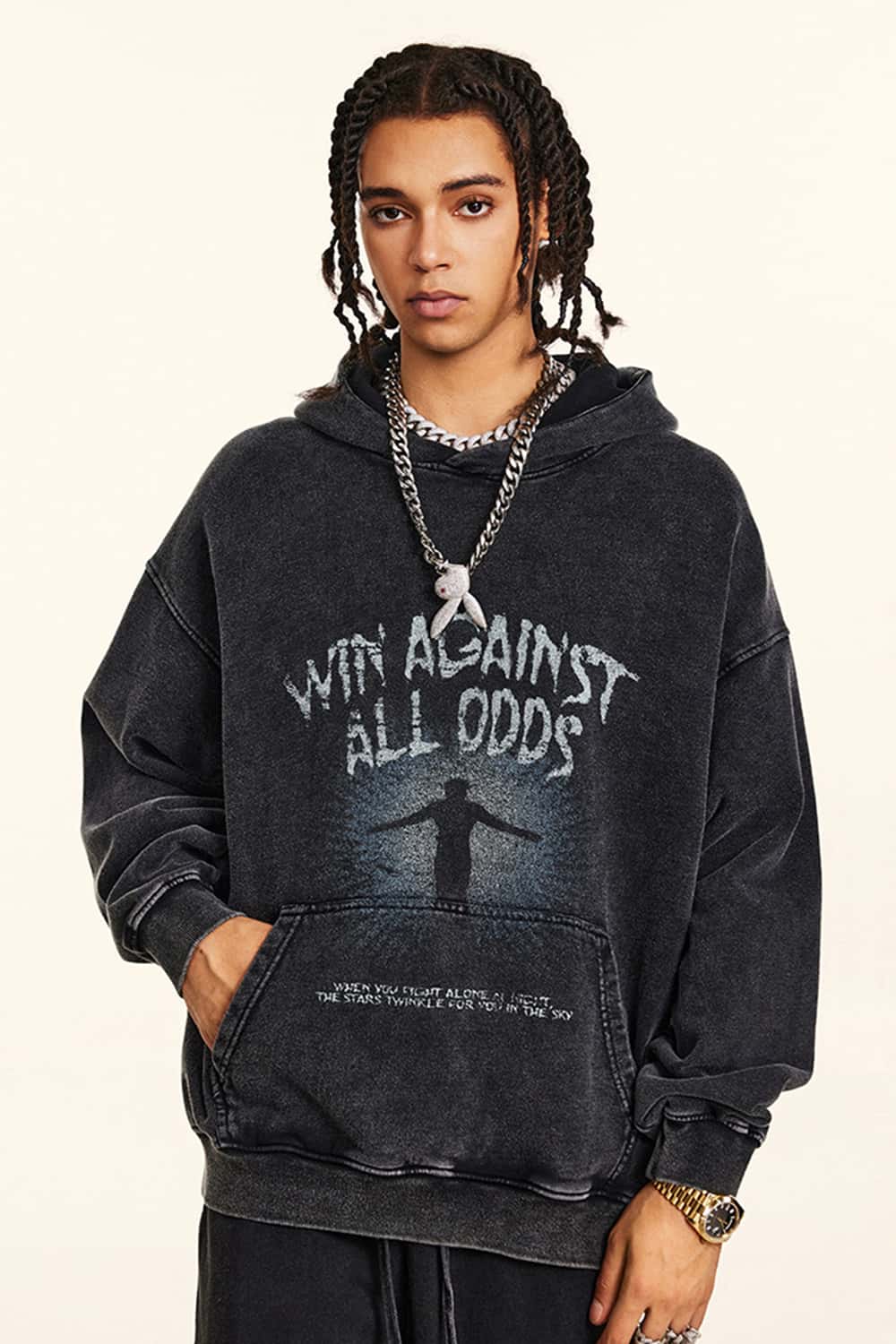 Fleece-Lined Thick Washed Black Hoodie with Kangaroo Pocket