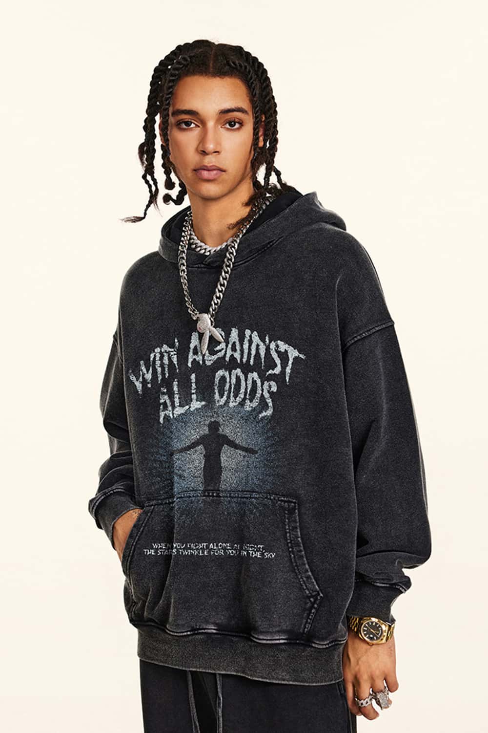 Fleece-Lined Thick Washed Black Hoodie with Kangaroo Pocket