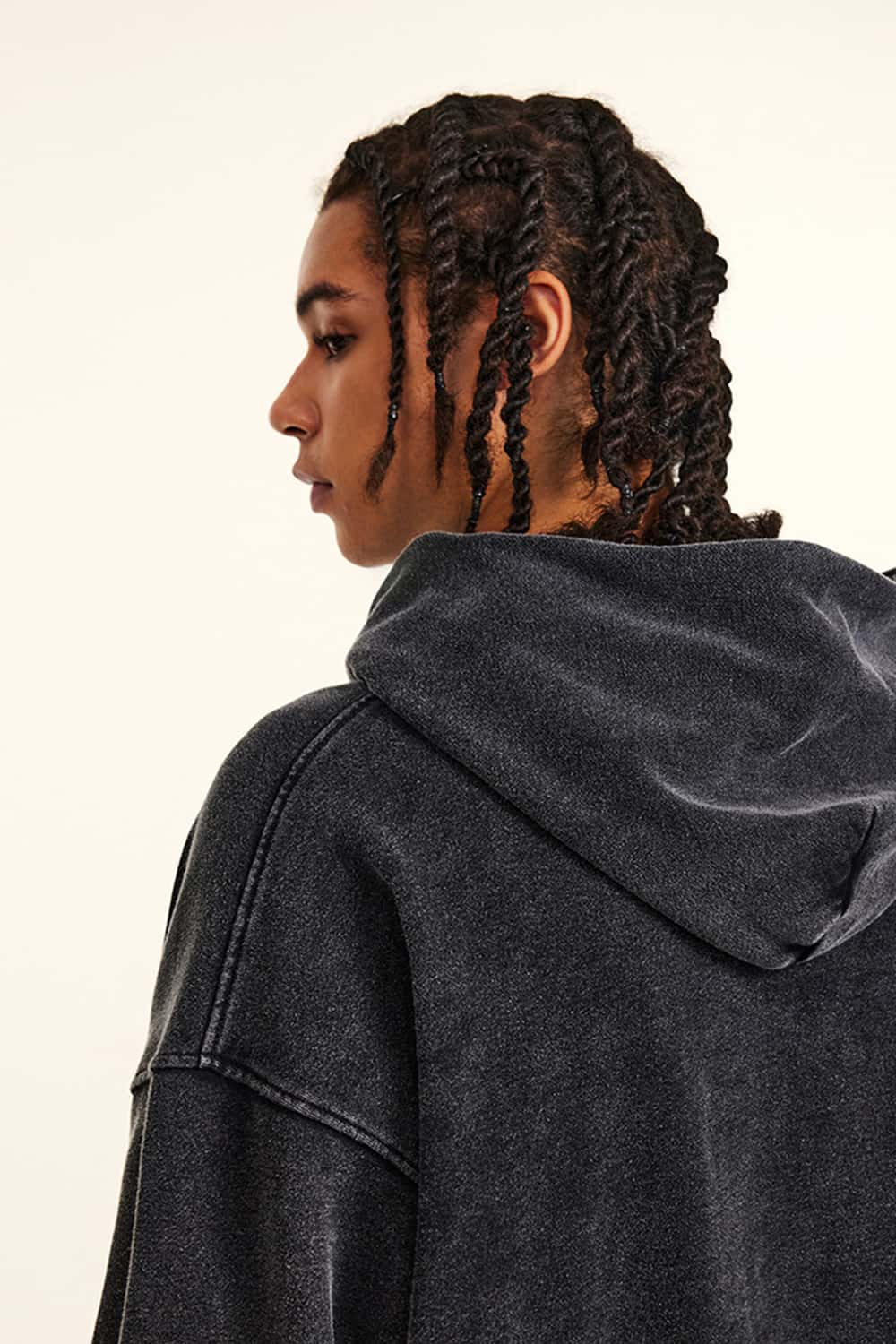 Fleece-Lined Thick Washed Black Hoodie with Kangaroo Pocket