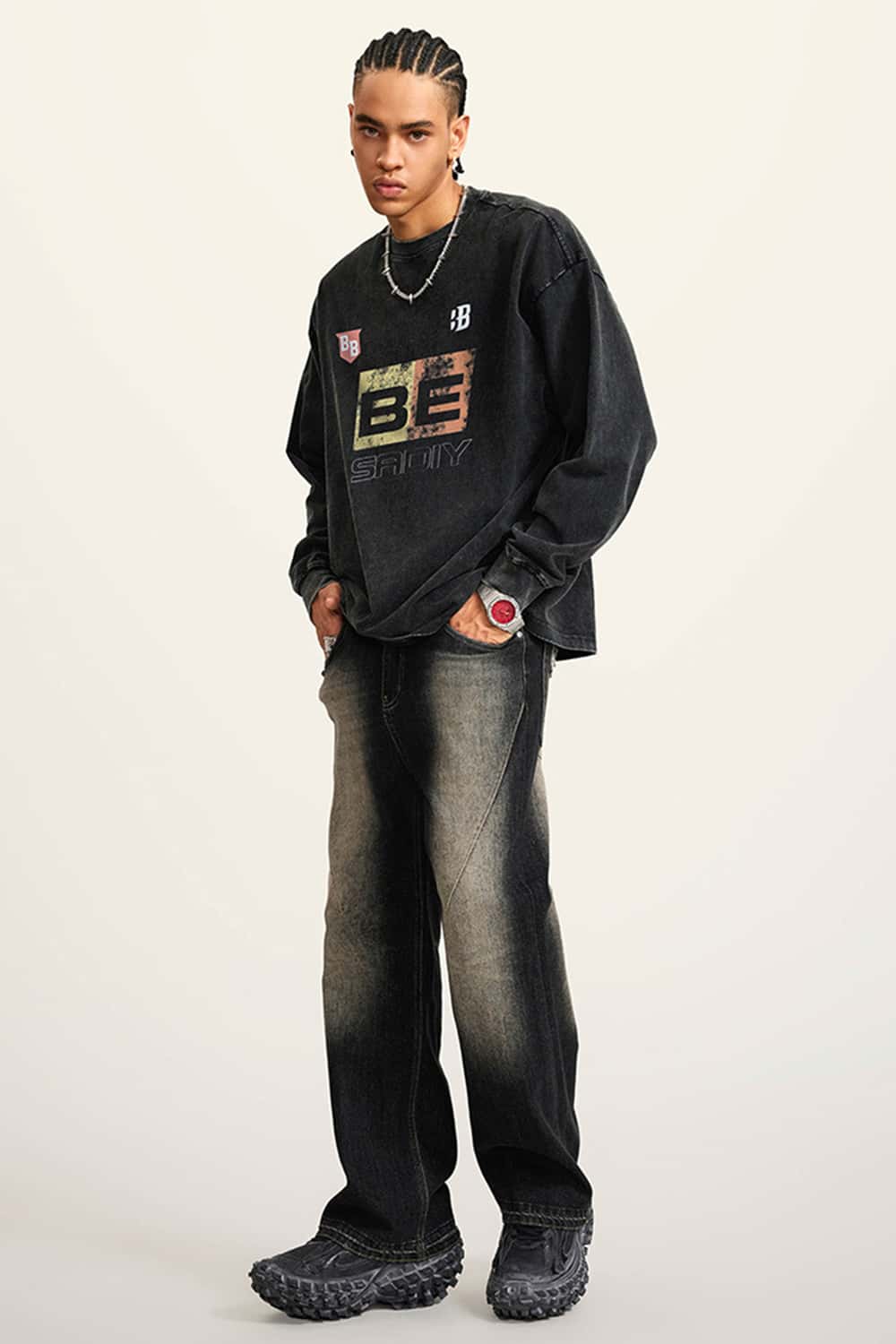 Washed Cotton Racing-Inspired Long Sleeve Tee