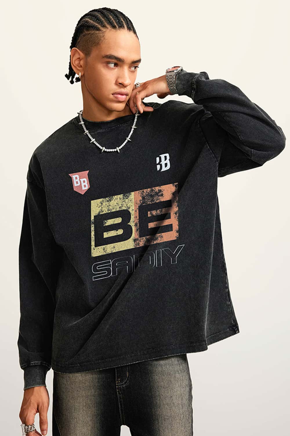 Washed Cotton Racing-Inspired Long Sleeve Tee