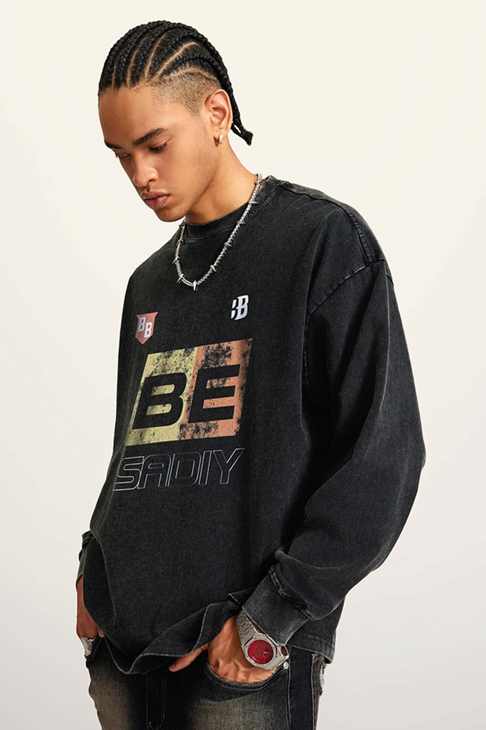 Washed Cotton Racing-Inspired Long Sleeve Tee