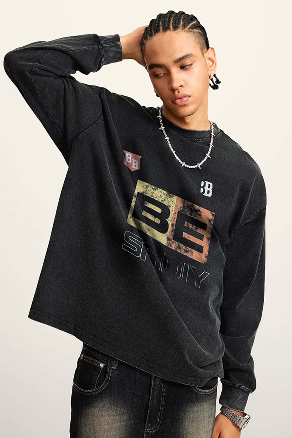 Washed Cotton Racing-Inspired Long Sleeve Tee