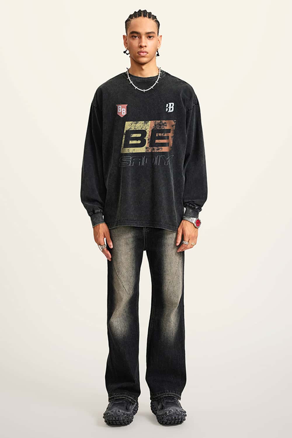 Washed Cotton Racing-Inspired Long Sleeve Tee