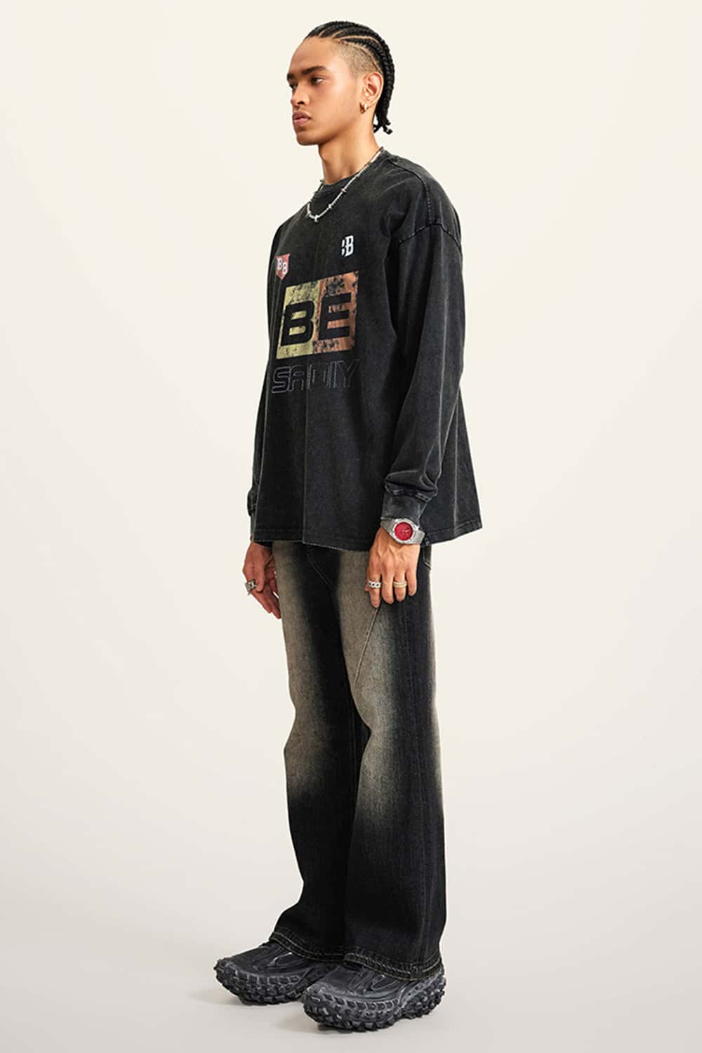 Washed Cotton Racing-Inspired Long Sleeve Tee