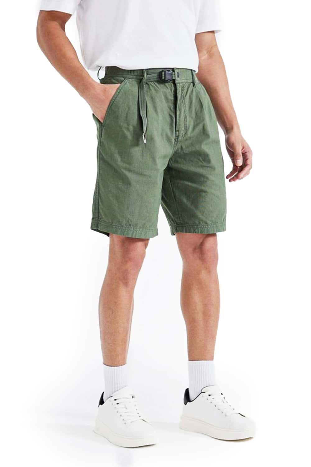 Garment-Dyed Washed Straight-Leg Utility Shorts with Adjustable Waist Buckle