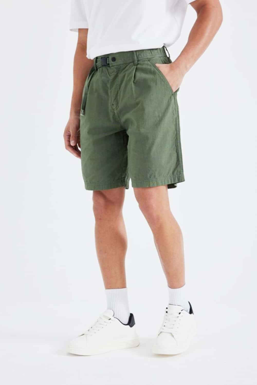 Garment-Dyed Washed Straight-Leg Utility Shorts with Adjustable Waist Buckle