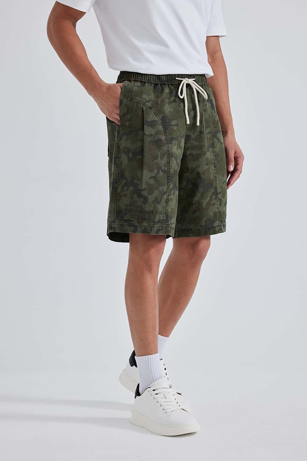 Plaid Camo Drawstring Utility Shorts