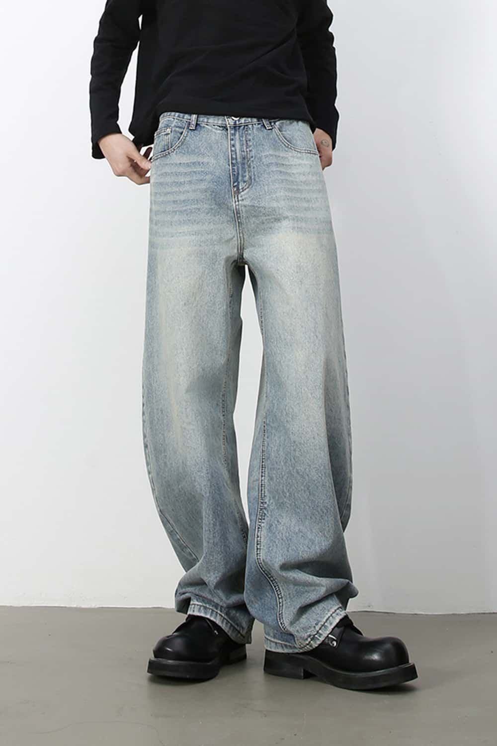 Wide-Leg 3D Curved Washed Jeans _ Cleanfit