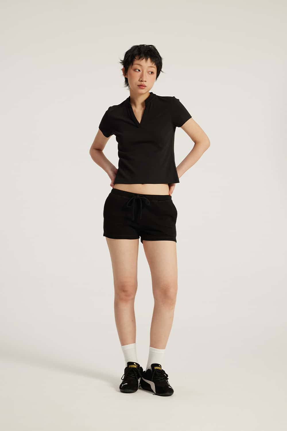 V-Neck Structured Shoulder Cropped T-Shirt