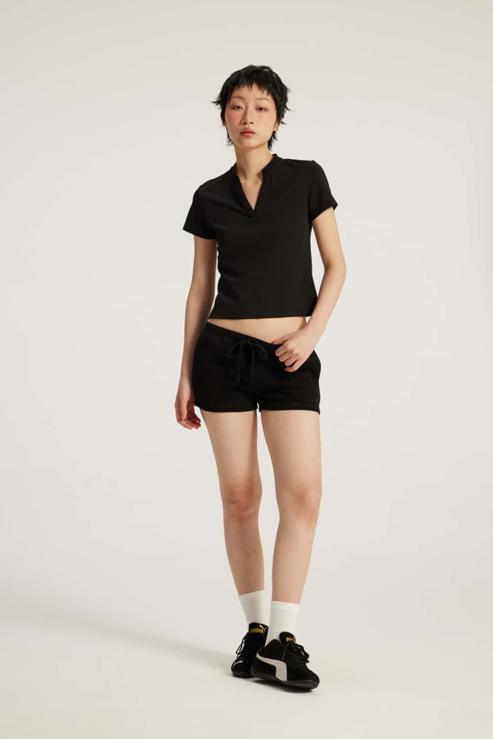 V-Neck Structured Shoulder Cropped T-Shirt