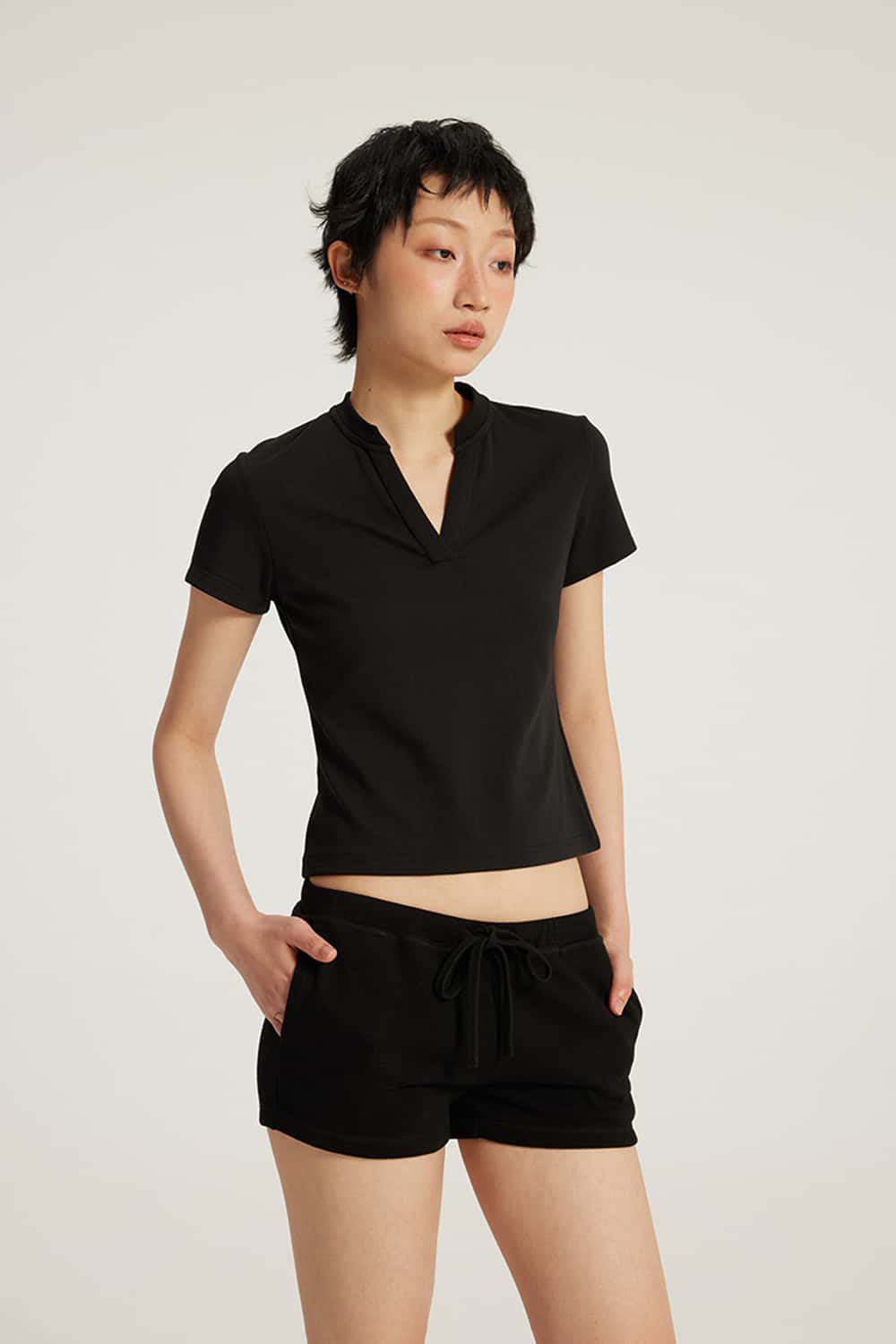 V-Neck Structured Shoulder Cropped T-Shirt