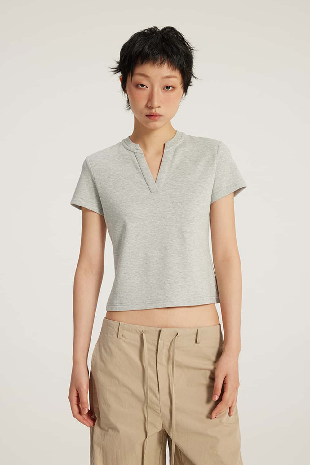 V-Neck Structured Shoulder Cropped T-Shirt