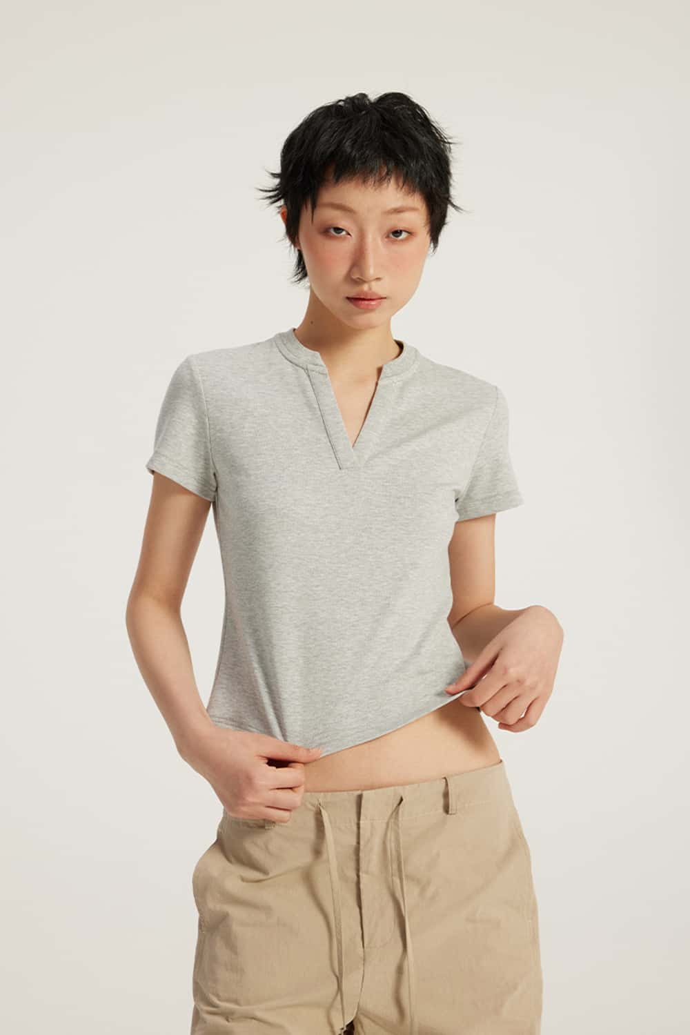 V-Neck Structured Shoulder Cropped T-Shirt
