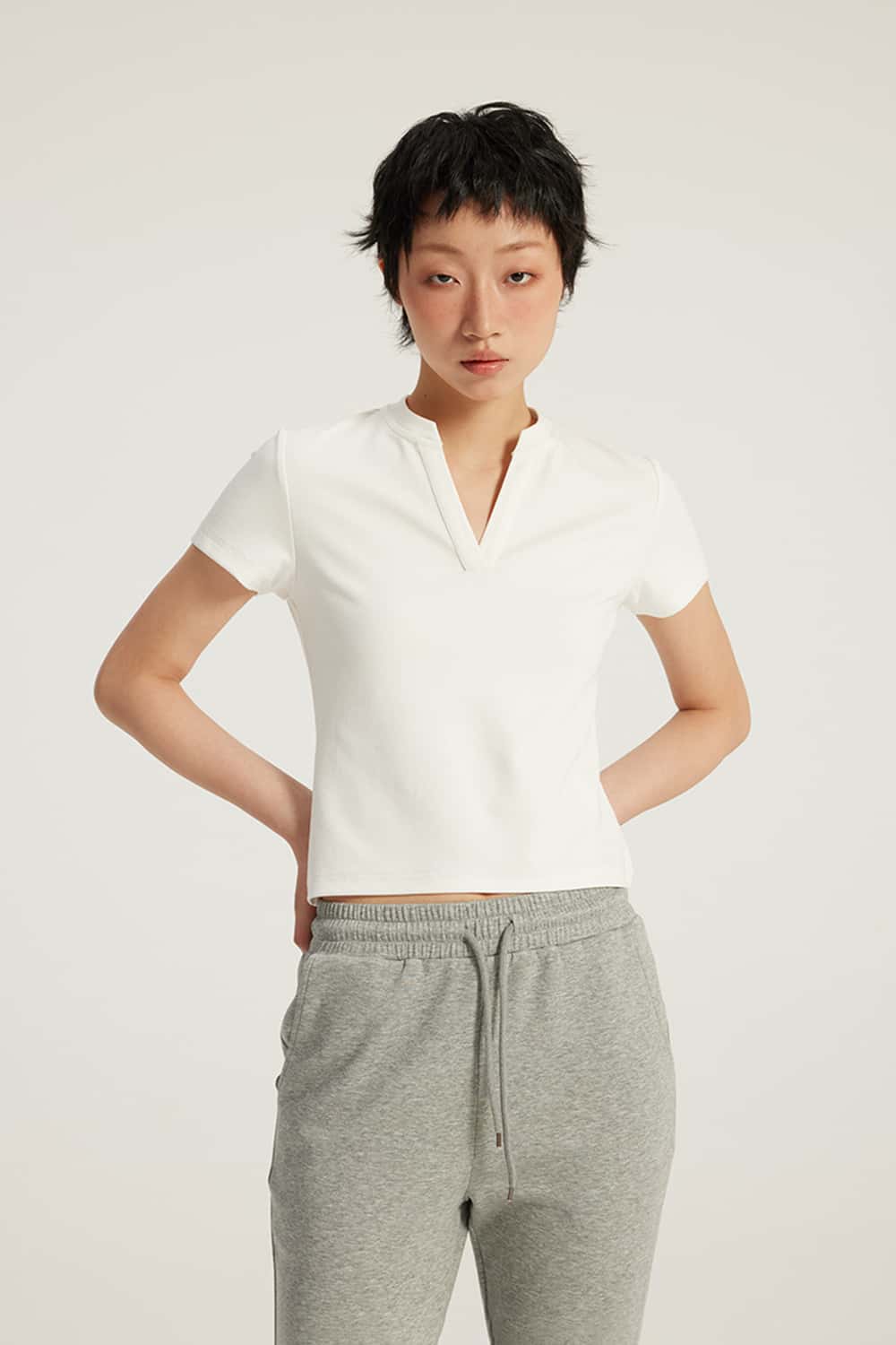 V-Neck Structured Shoulder Cropped T-Shirt