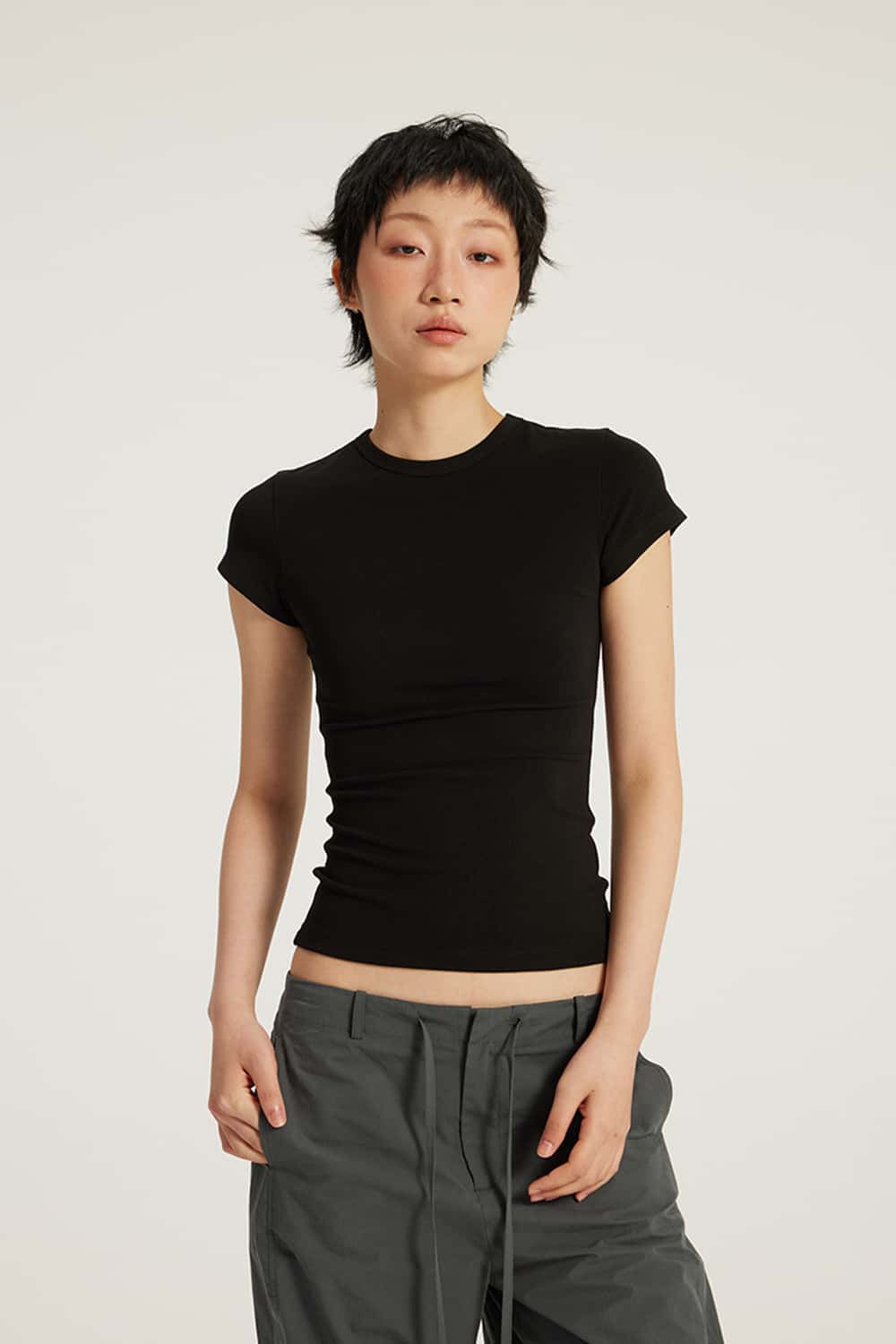 Crew Neck Fitted Waist Short Sleeve Base T-Shirt