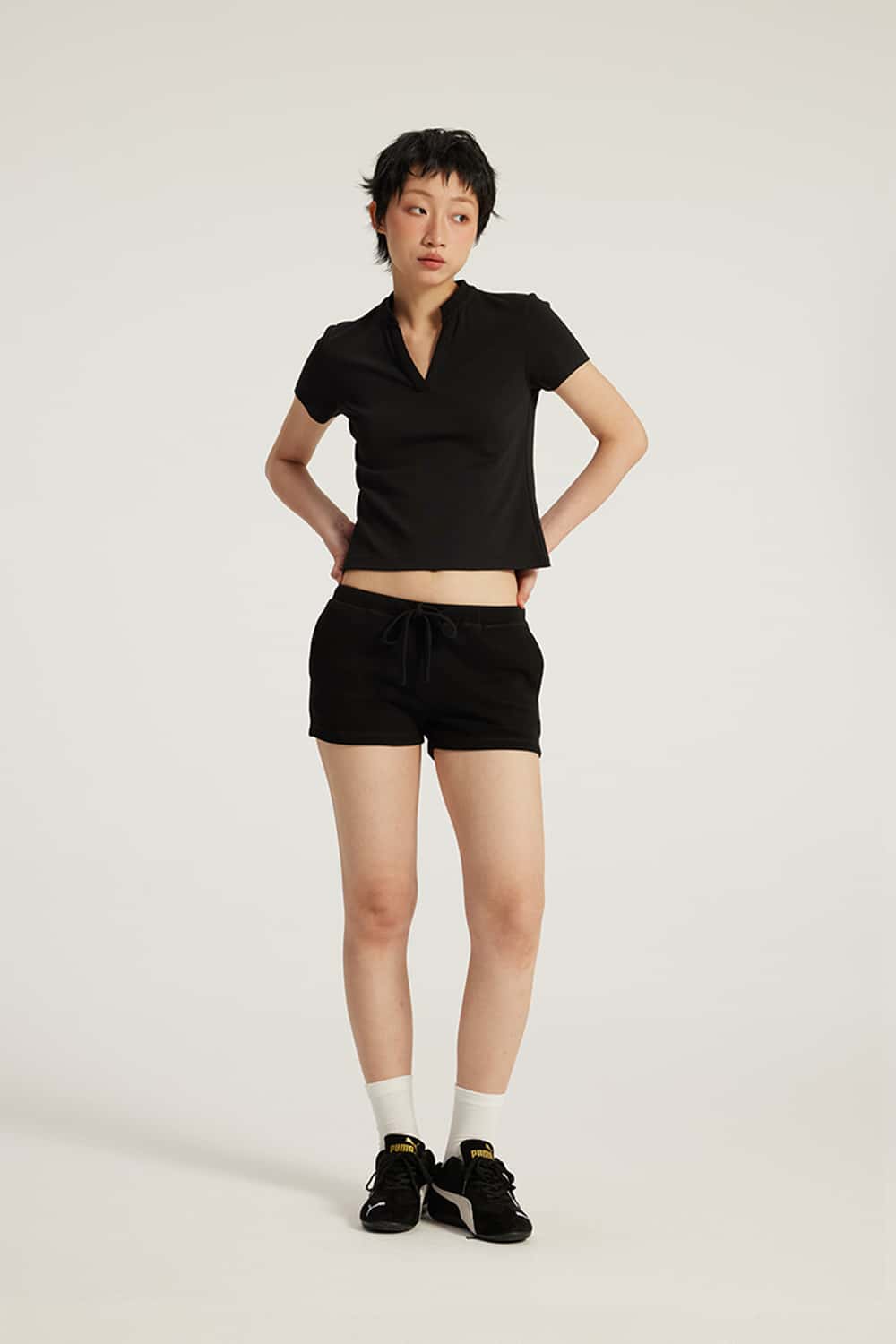 Drawstring Low-Rise Stretch Mini Shorts _ Solid Color