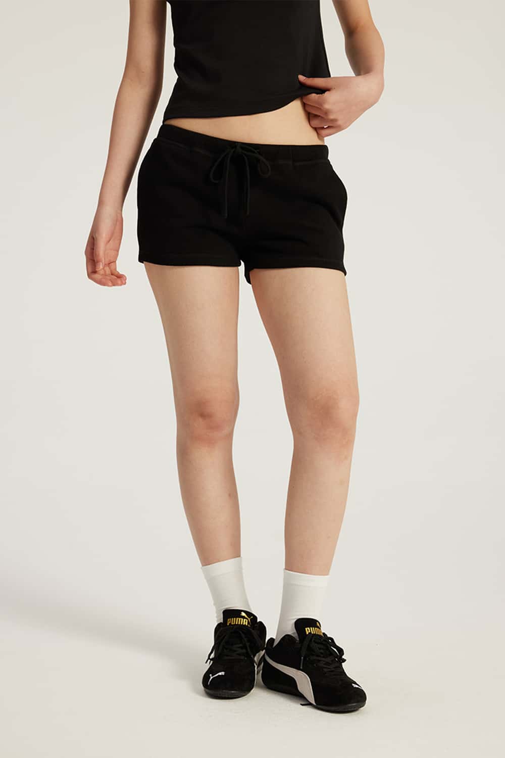 Drawstring Low-Rise Stretch Mini Shorts _ Solid Color