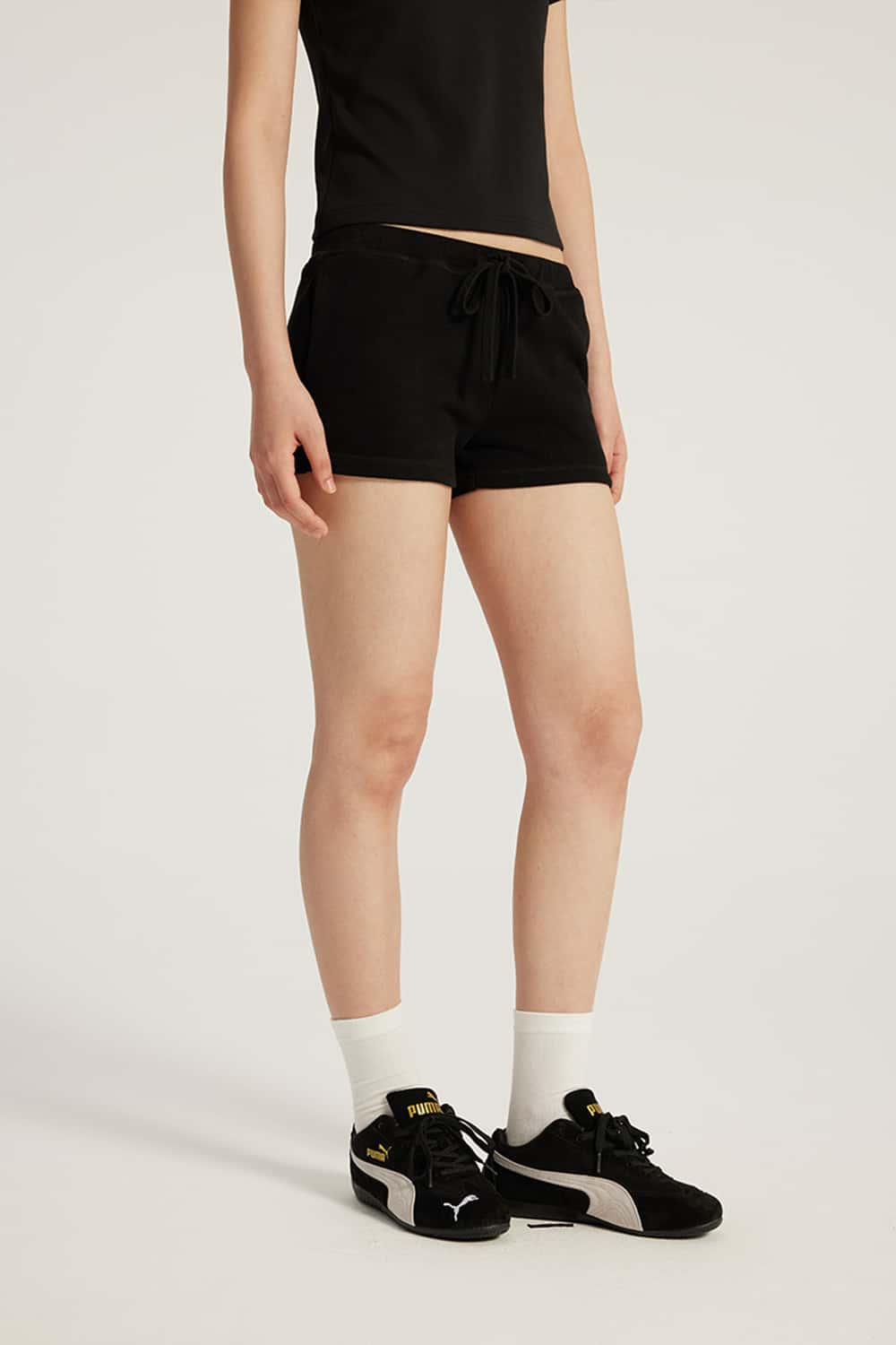 Drawstring Low-Rise Stretch Mini Shorts _ Solid Color
