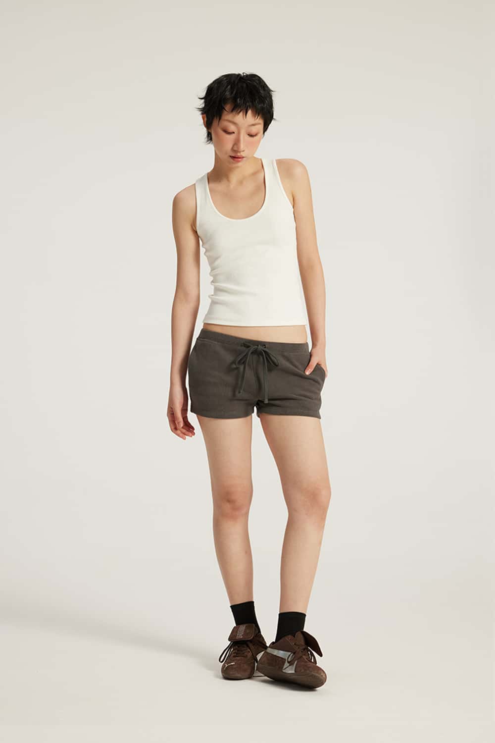 Drawstring Low-Rise Stretch Mini Shorts _ Solid Color