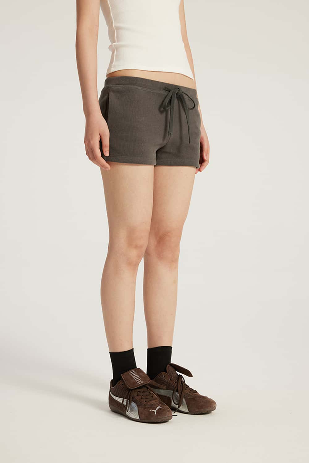 Drawstring Low-Rise Stretch Mini Shorts _ Solid Color