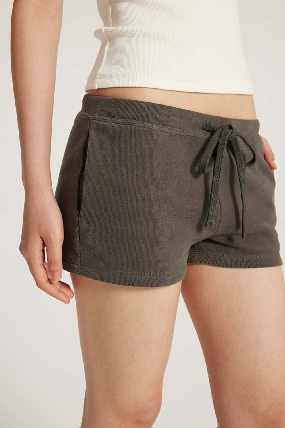 Drawstring Low-Rise Stretch Mini Shorts _ Solid Color