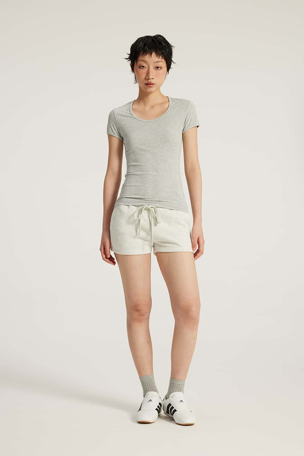 Drawstring Low-Rise Stretch Mini Shorts _ Solid Color
