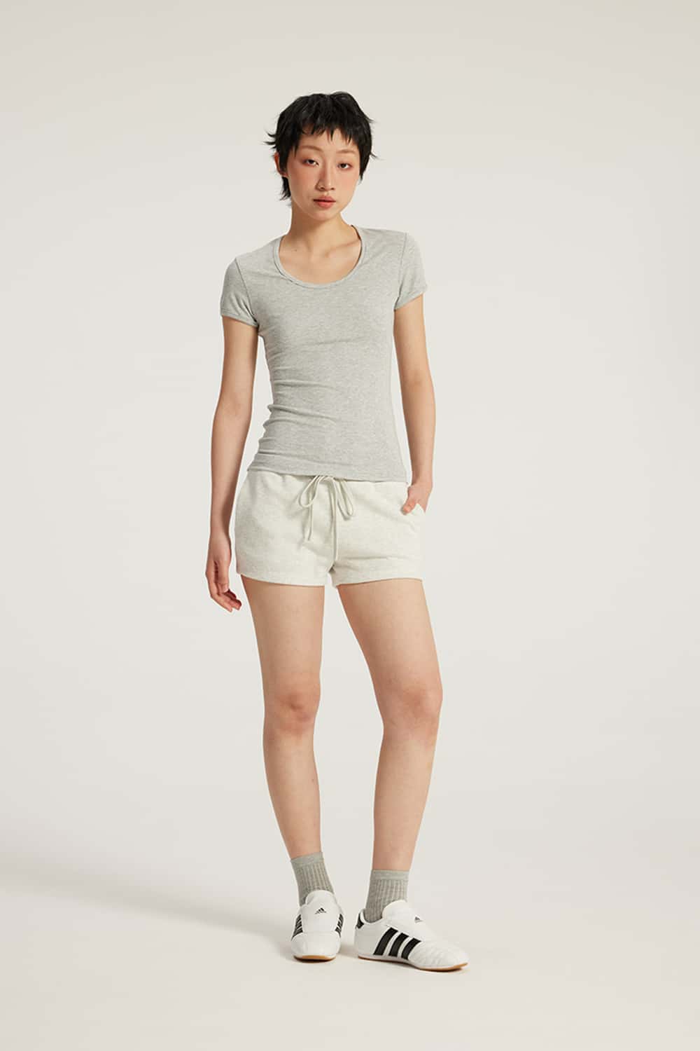 Drawstring Low-Rise Stretch Mini Shorts _ Solid Color