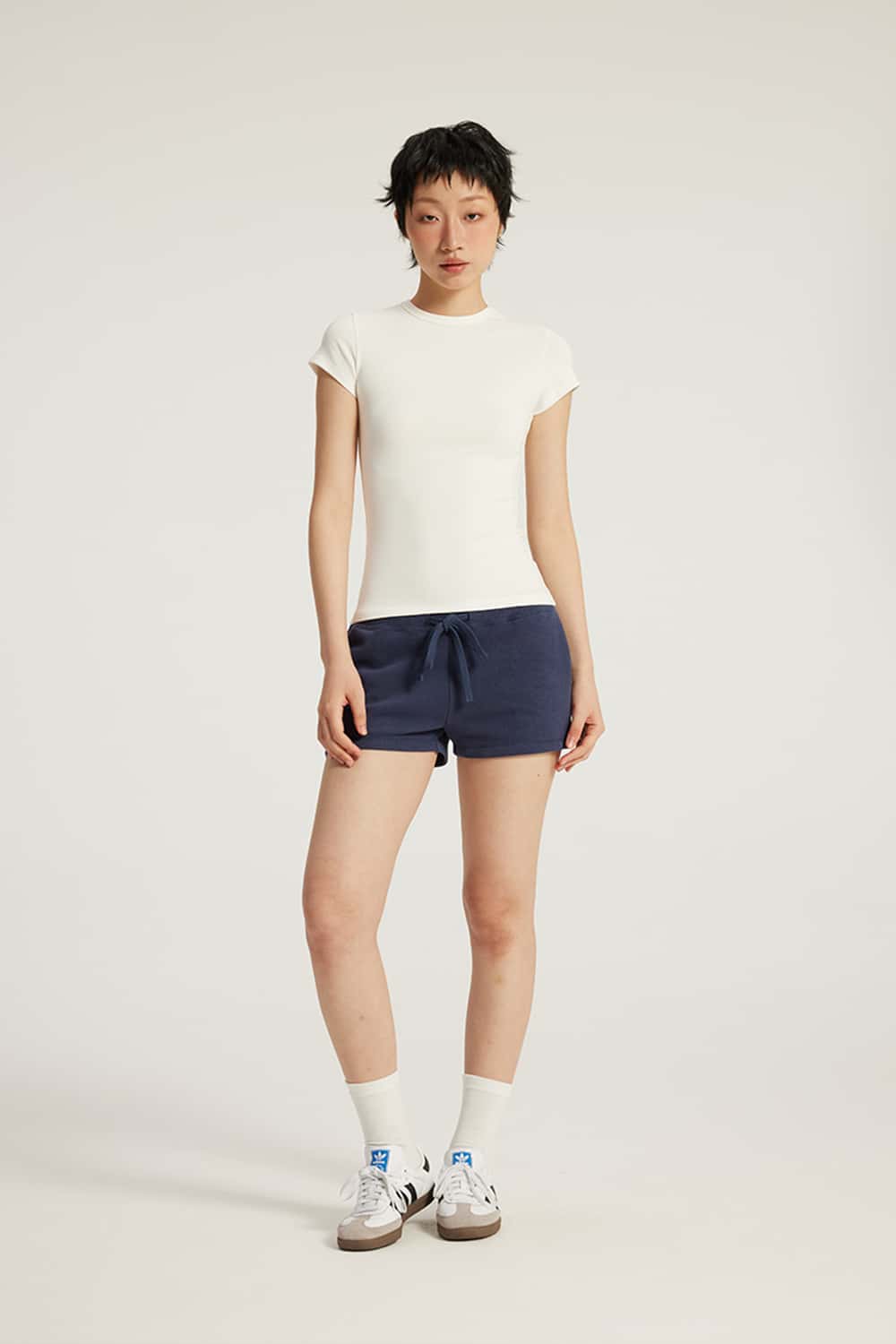 Drawstring Low-Rise Stretch Mini Shorts _ Solid Color
