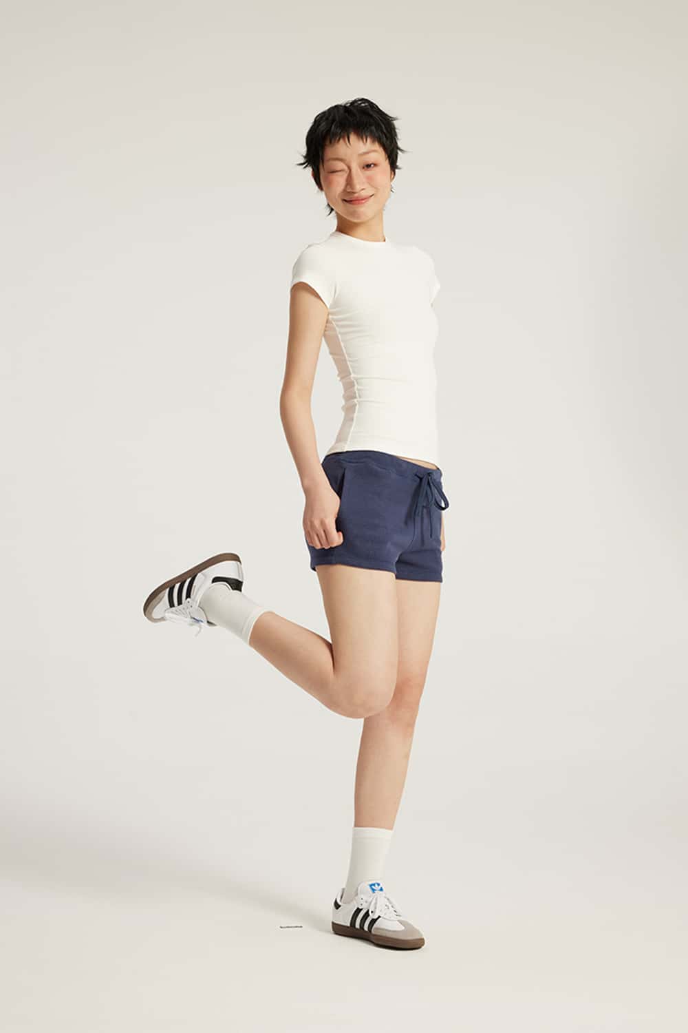 Drawstring Low-Rise Stretch Mini Shorts _ Solid Color