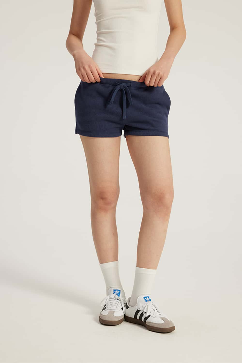 Drawstring Low-Rise Stretch Mini Shorts _ Solid Color