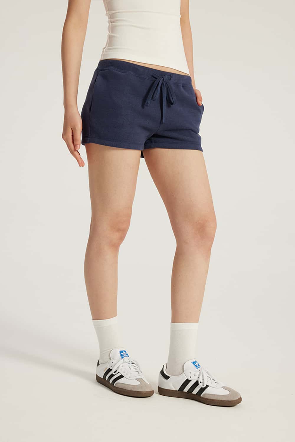 Drawstring Low-Rise Stretch Mini Shorts _ Solid Color