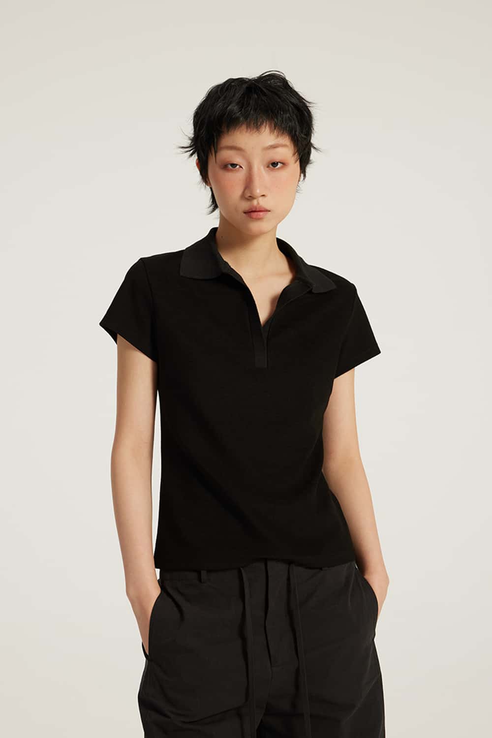 Structured Shoulder Fitted Polo Collar Short Sleeve T-Shirt