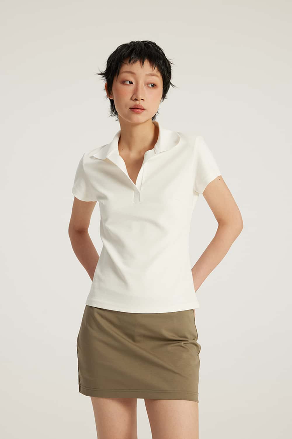 Structured Shoulder Fitted Polo Collar Short Sleeve T-Shirt