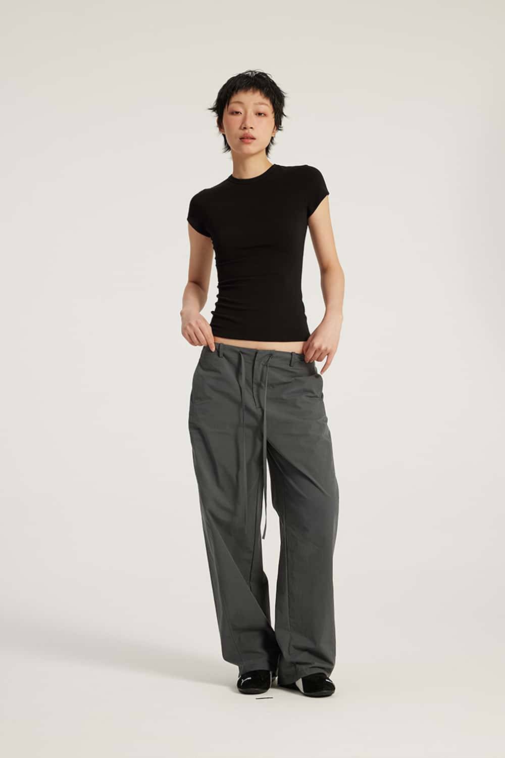 Pure Cotton Curved Seam Mid-Low Waist Wide-Leg Cargo Pants