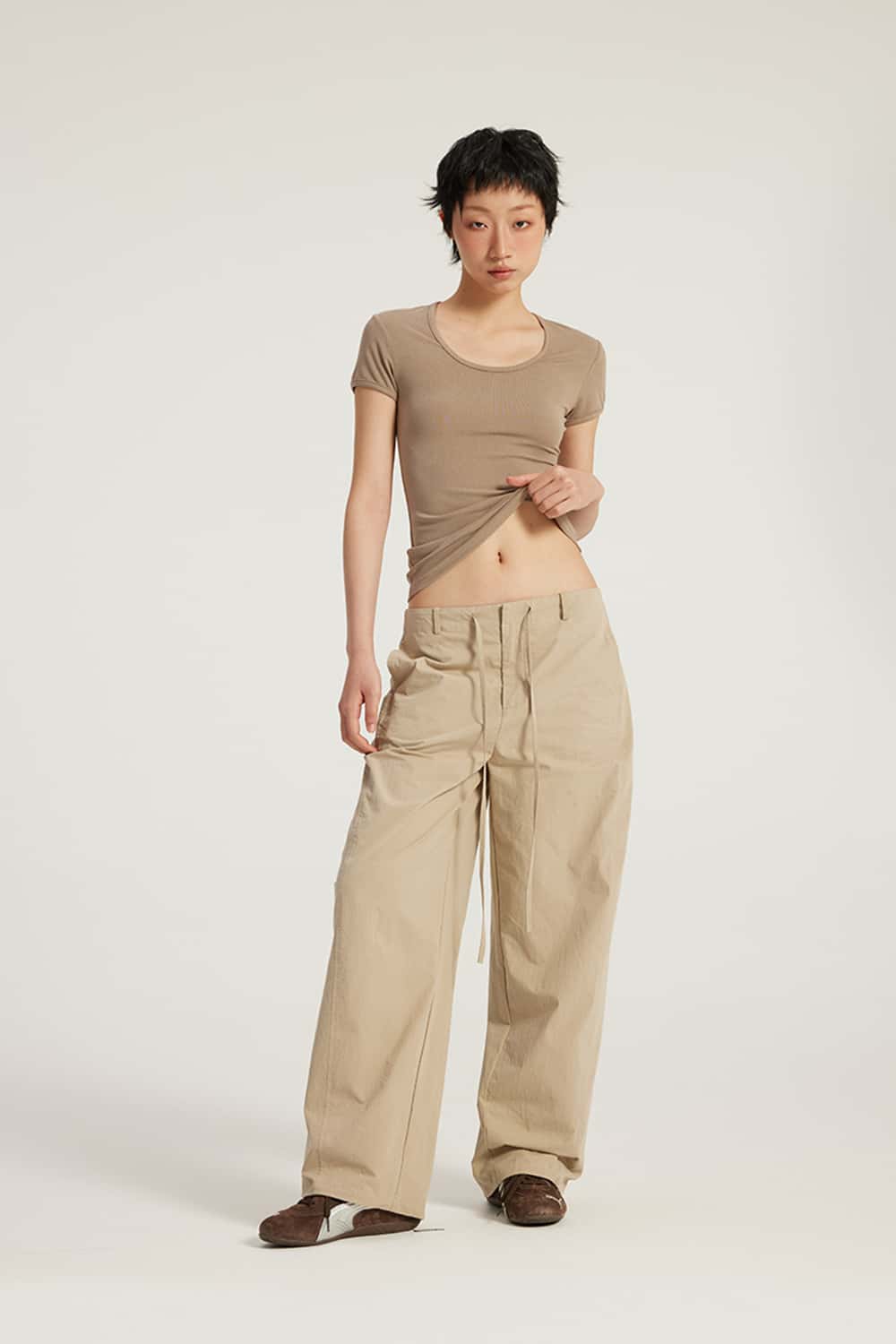Pure Cotton Curved Seam Mid-Low Waist Wide-Leg Cargo Pants