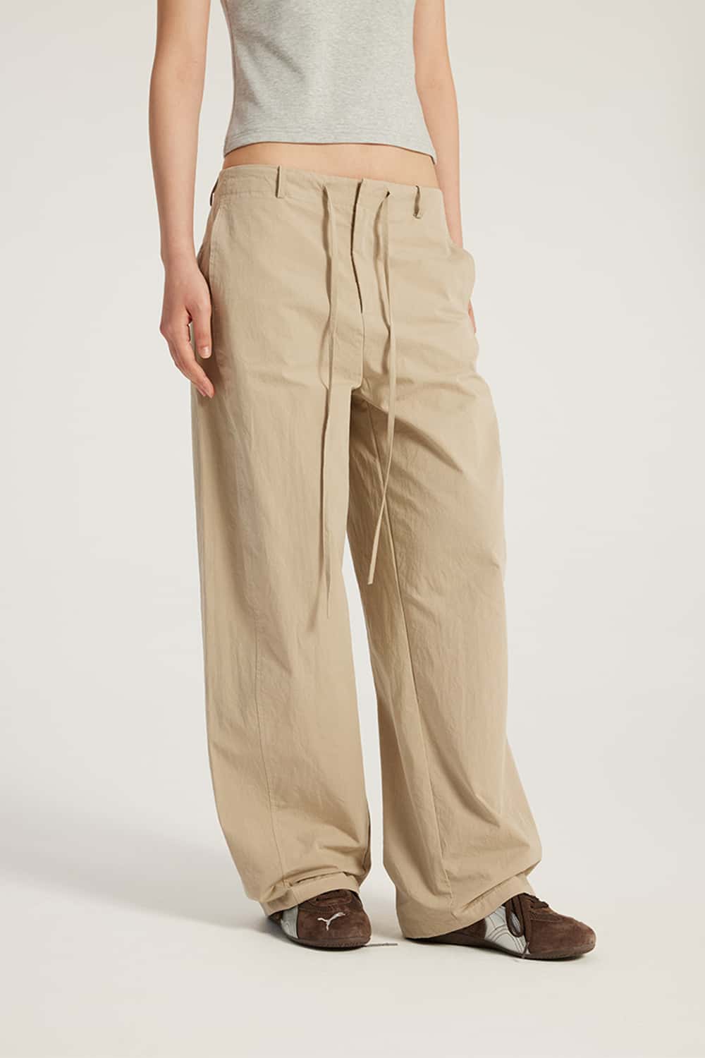 Pure Cotton Curved Seam Mid-Low Waist Wide-Leg Cargo Pants