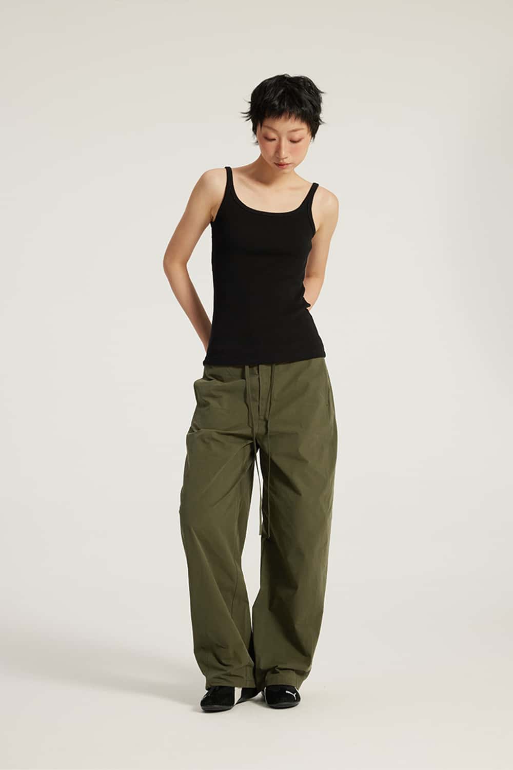Pure Cotton Curved Seam Mid-Low Waist Wide-Leg Cargo Pants