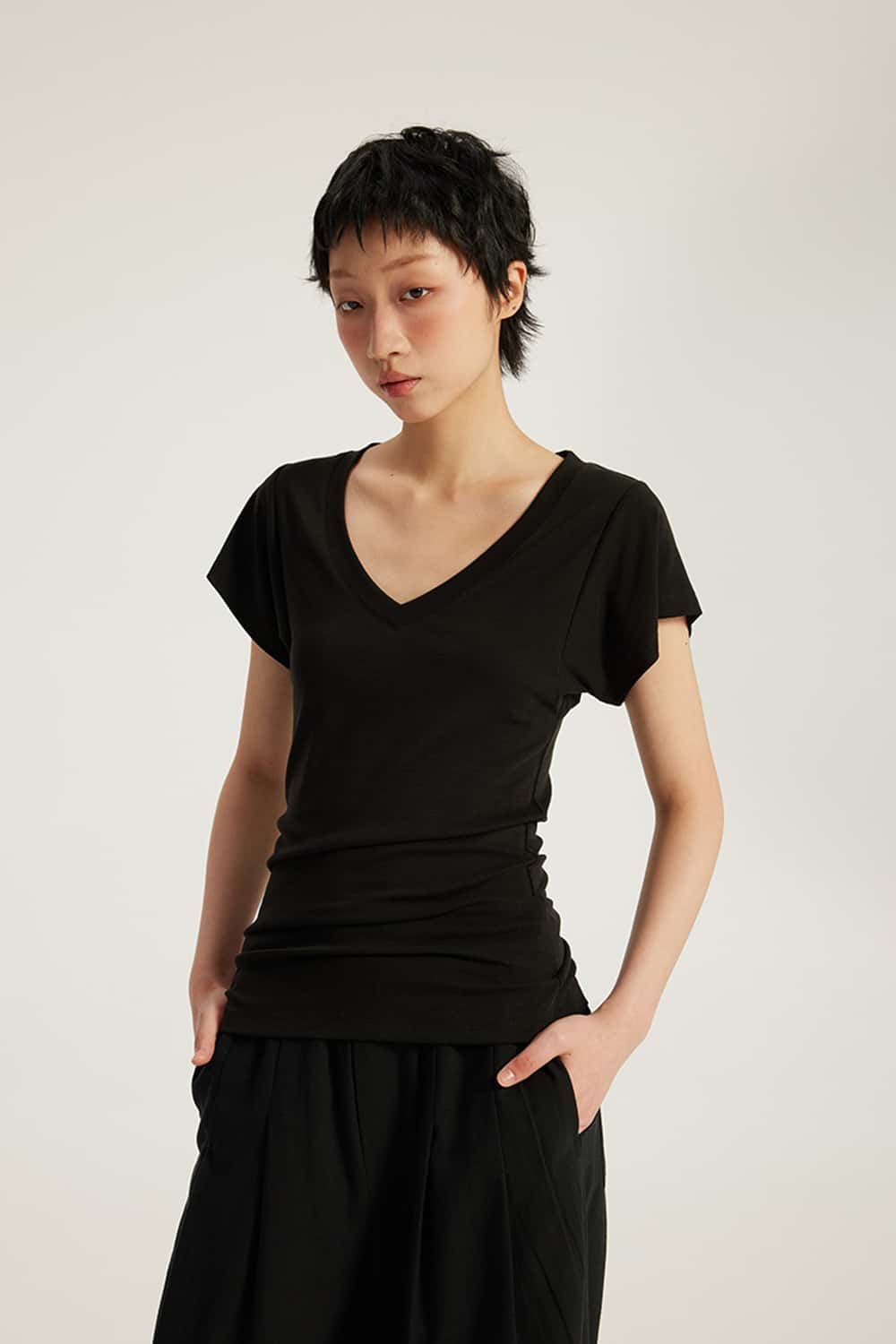 V-Neck Ruched Antibacterial 7A Short Sleeve T-Shirt