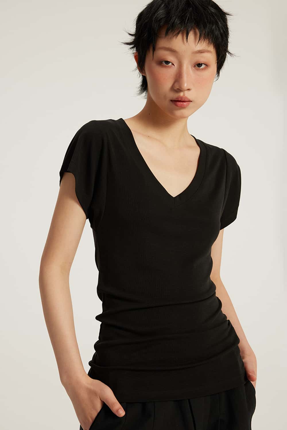 V-Neck Ruched Antibacterial 7A Short Sleeve T-Shirt