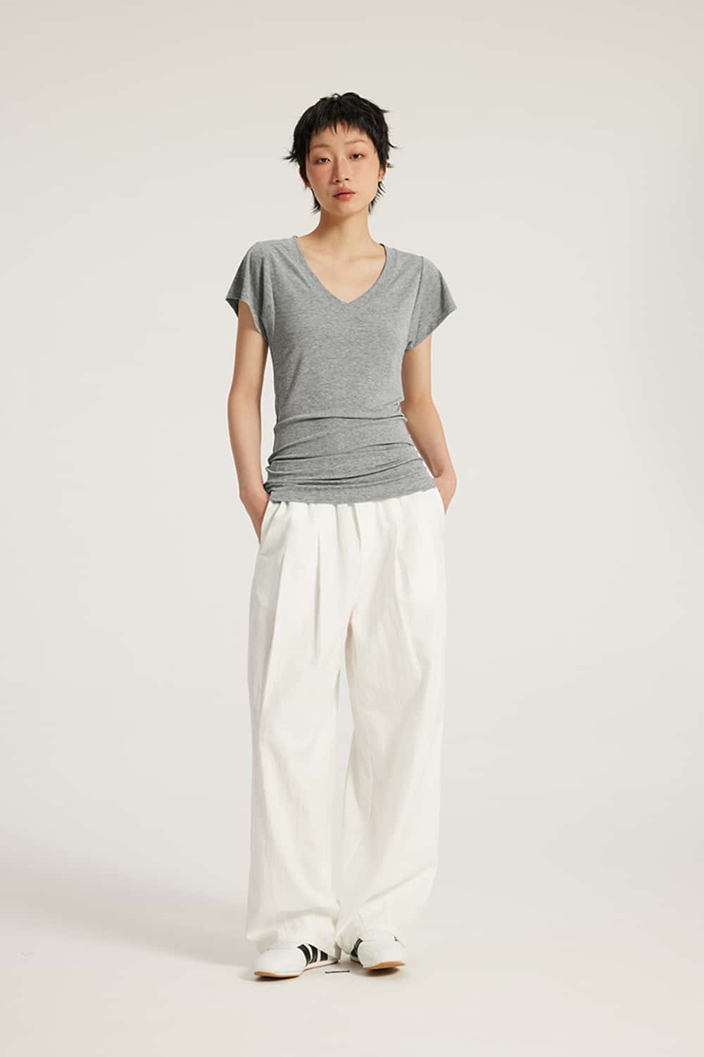 V-Neck Ruched Antibacterial 7A Short Sleeve T-Shirt