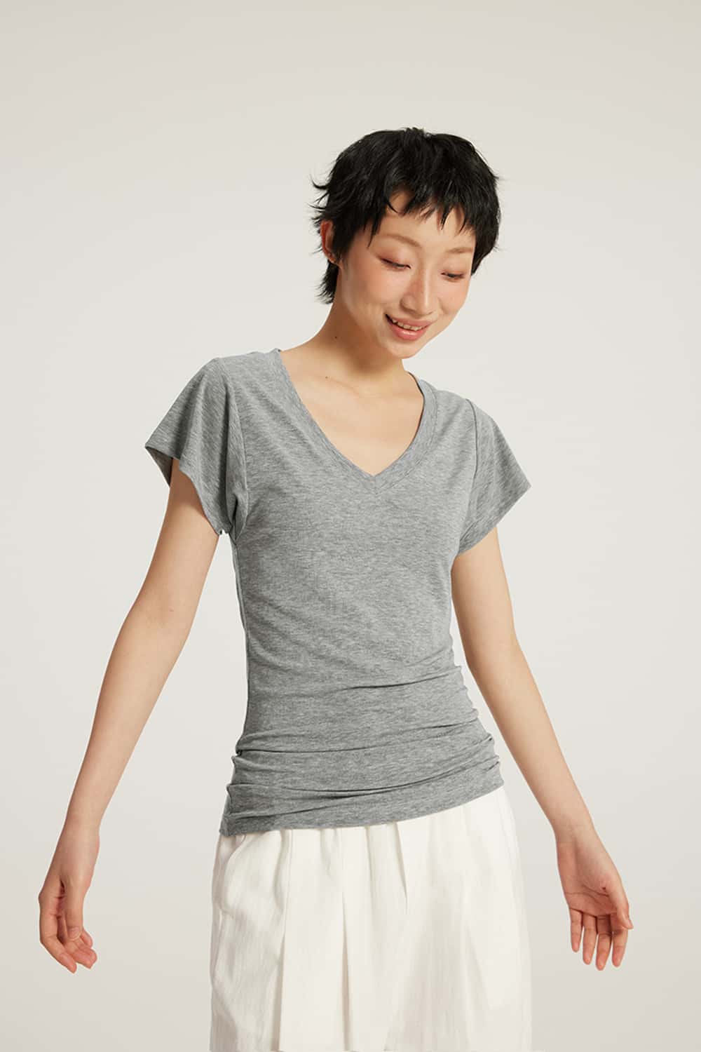 V-Neck Ruched Antibacterial 7A Short Sleeve T-Shirt