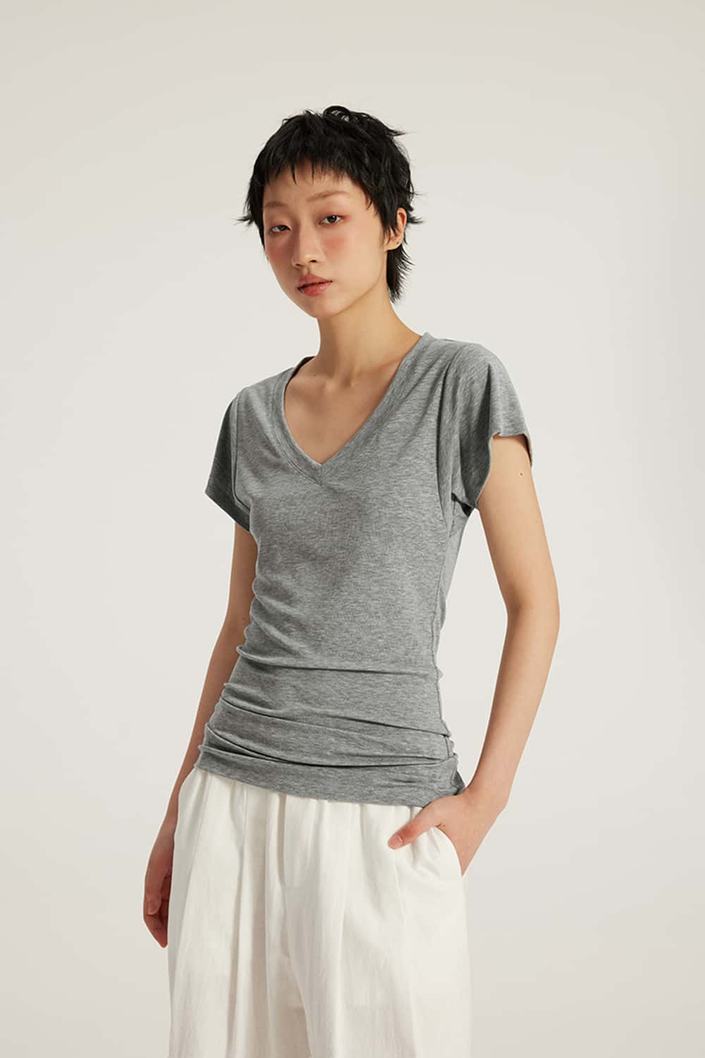 V-Neck Ruched Antibacterial 7A Short Sleeve T-Shirt