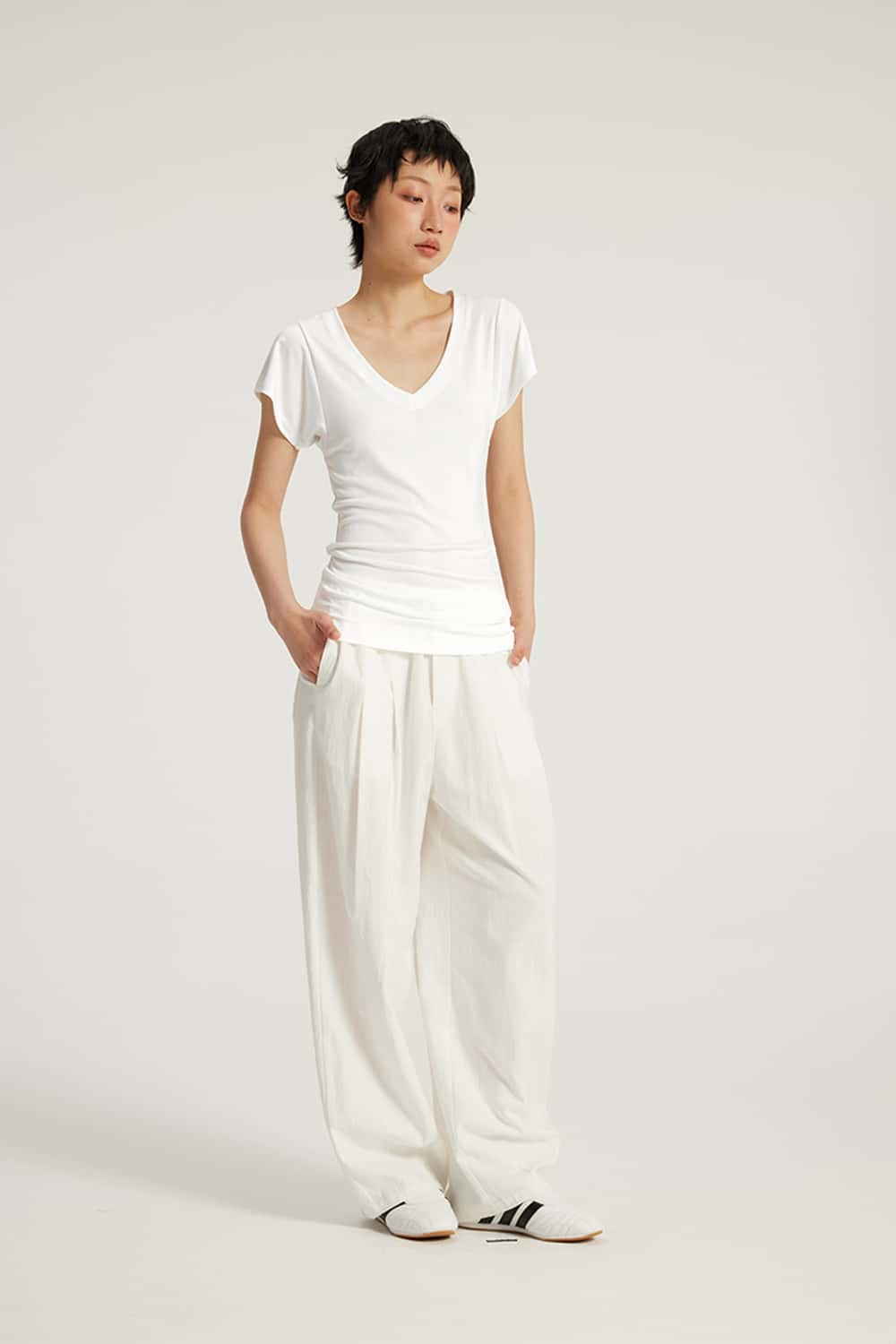 V-Neck Ruched Antibacterial 7A Short Sleeve T-Shirt