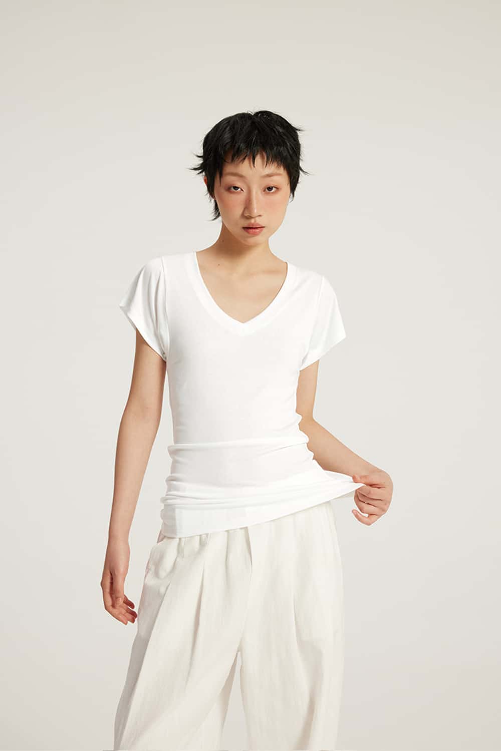 V-Neck Ruched Antibacterial 7A Short Sleeve T-Shirt