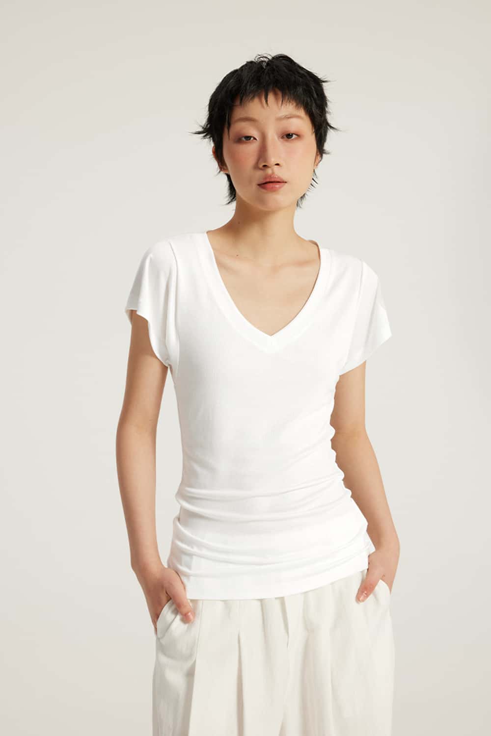 V-Neck Ruched Antibacterial 7A Short Sleeve T-Shirt