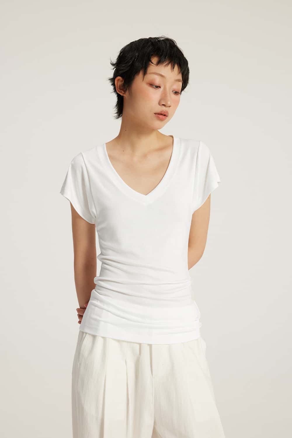 V-Neck Ruched Antibacterial 7A Short Sleeve T-Shirt