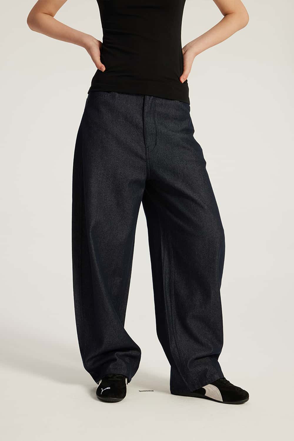 Curved Seam Wide-Leg Denim Jeans