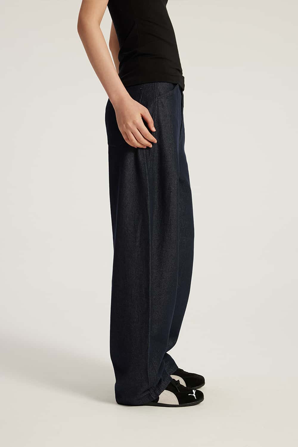 Curved Seam Wide-Leg Denim Jeans